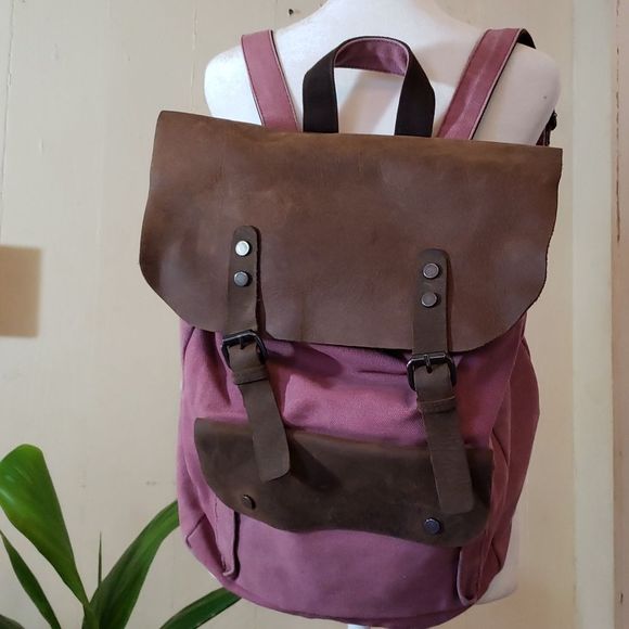 Leather & Pink Canvas Backpack Computer Book Bag - Picture 1 of 8
